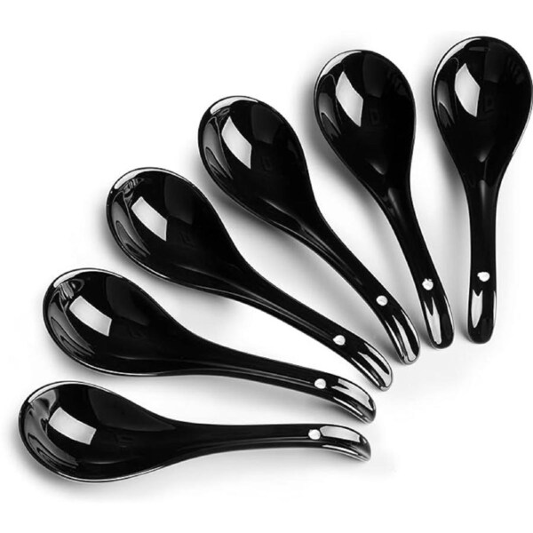 Asian Soup Spoons Set, Ceramic Chinese Soup Spoons, Black Japanese Spoon for Cereal Stews Ramen Pho Wonton Dumpling Miso, 6PCS