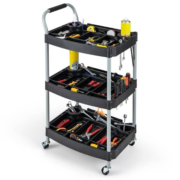 Costway 3-Tier Rolling Tool Cart Rustproof Heavy Duty Utility Cart Organizer w/ Handle Black