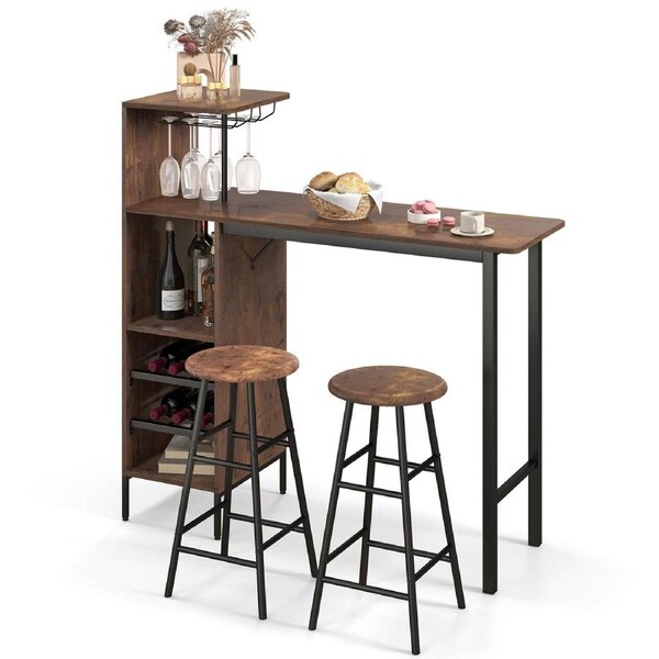 Costway 3PCS Durable Pub Table & Barstools Industrial Bar Table & Chair w/Wine Glass Storage Coffee