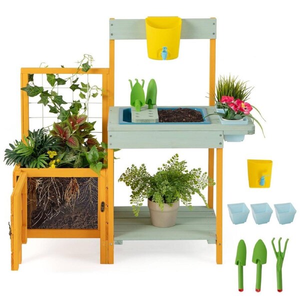 Costway Potting Bench Wooden Toy Gardening Center w/ See-ThroughGift Yellow