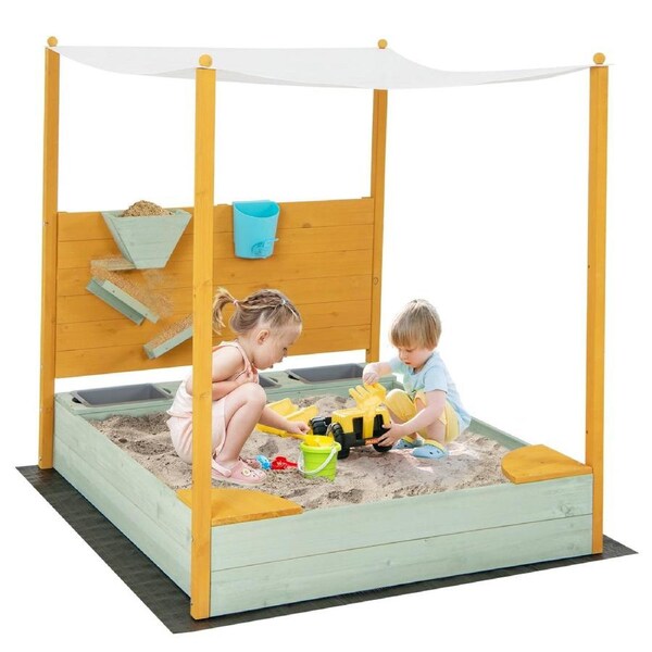 Costway Sandbox Beach Seat Toy Outdoor Wooden Sandpit w/Removable Canopy Natural