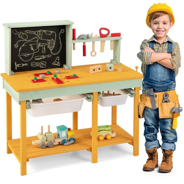 Costway Wooden Workbench Pretend Play Repair Tool Role Play Workshop w/Blackboard Multicolor