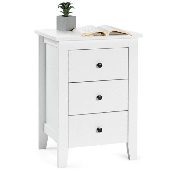 Costway Bedside Table Nightsand Storage Cabinet w/3 Drawers Wood Bedroom Side Stand Furniture White