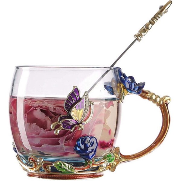 Catzon 2Pack Enamels Butterfly Flower Tea Cup with Spoon Gifts for Women Wife Mom Her-Blue