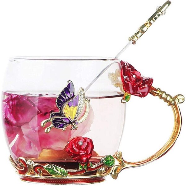 Catzon 2Pack Enamels Butterfly Flower Tea Cup with Spoon Gifts for Women Wife Mom Her-Red