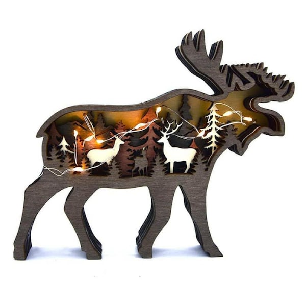 Catzon 3D Forest Elk Decor Wooden Animal Statues Farmhouse Room Wall Decor-Elk+Light