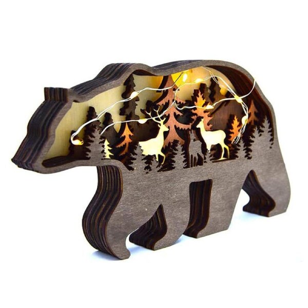 Catzon 3D Forest Bear Decor Wooden Animal Statues Farmhouse Room Wall Decor-Bear+Light
