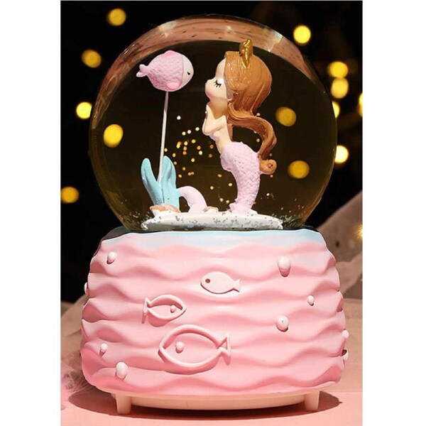 Catzon Mermaid Princess Snow Globes with Music LED Light Birthday Gift for Girls-Pink