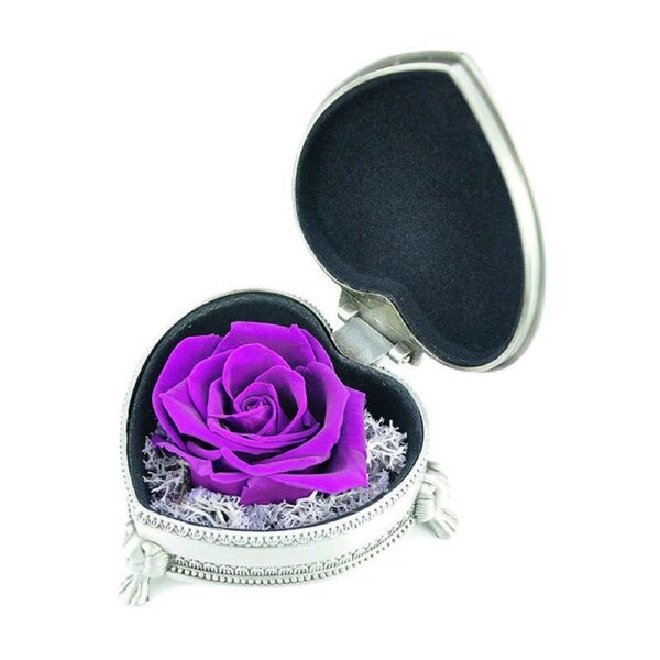Catzon Preserved Flower Rose Heart Gift Box Valentines Day Gift for Her Wife-Silver/Purple