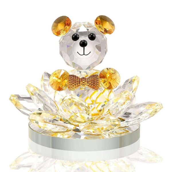 Catzon Crystal Bear Lotus Figurine Ornament Gift for Valentine's Day-Yellow