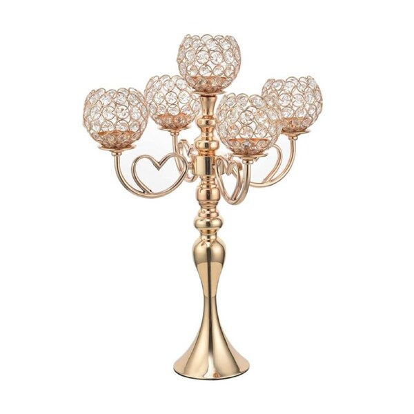 Catzon 5 Arms Crystal Candelabra for Wedding Table Decoration-Gold