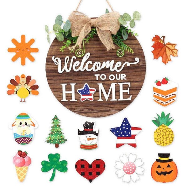 Catzon Welcome Sign Wreath Interchangeable Seasonal Holiday Home Decoration
