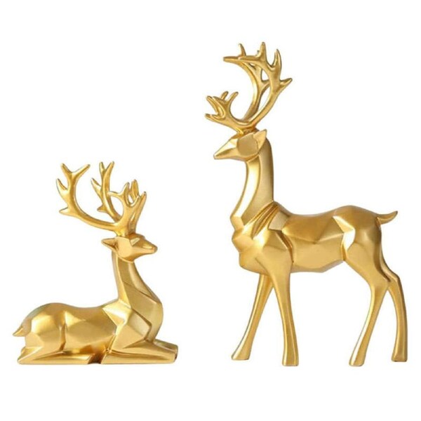 Catzon 2Pcs Nordic Resin Geometric Elk Sitting Standing Deer Statues for Living Room-Gold