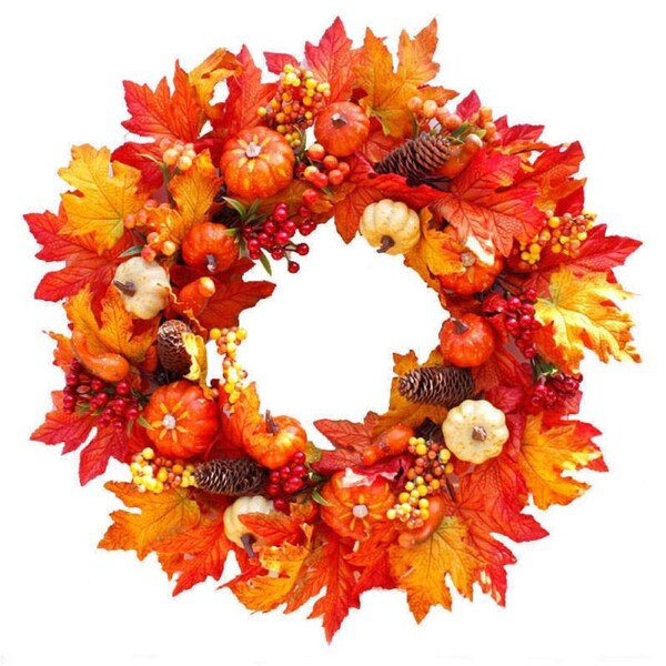 Catzon 18in Artificial Maple Leaf Wreath with Pumpkin Pine and Berry Fall Home Decoration