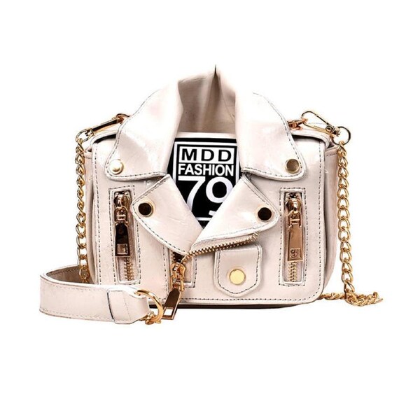 Catzon Women Chain Strap Shoulder Bag Unique Jacket Leather Handbags-White