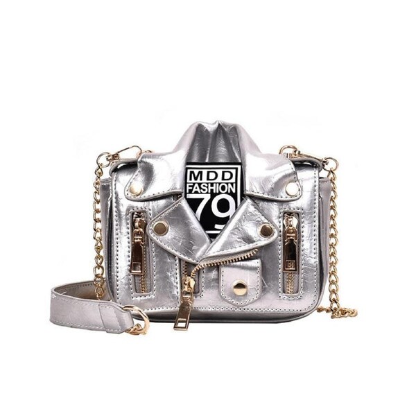 Catzon Women Chain Strap Shoulder Bag Unique Jacket Leather Handbags-Silver