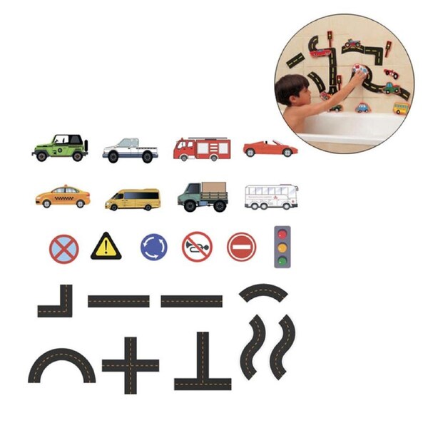 Catzon 23Pcs Vehicles Foam Toddlers Bath Toys Educational Floating Toys with Suction Cup Storage Mesh Bag