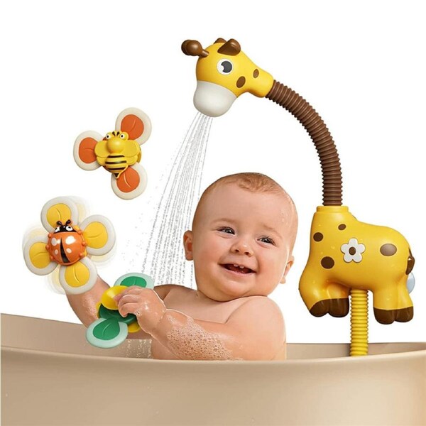 Catzon Baby Bath Toys with Shower Head Suction Spinner Toys Squeeze Ball for Toddlers-Giraffe