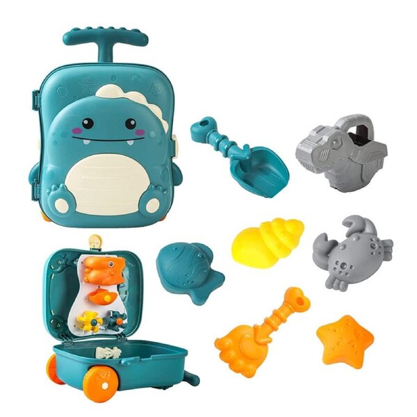 Catzon 8 Pcs Kids Beach Toy Set Portable Trolley Case for Beach Park-Dinosaur