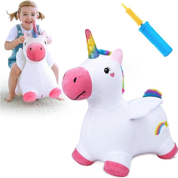 Catzon Kids Plush Ride Bouncing Toys Inflatable Hopping Animal with Pump-Unicorn