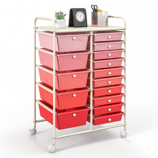 Giantex 15 Drawer Storage Trolley Home Office Utility Cart w/2 Size Drawers Mobile Storage Organiser Unit Gradient Pink