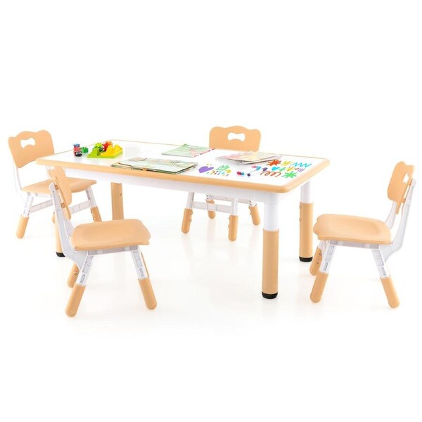Giantex 5PCS Kids Table Chairs Set Children Play Activity Table Set w/Height Adjustable & Graffiti Desktop Toddler Art Study Desk Natural