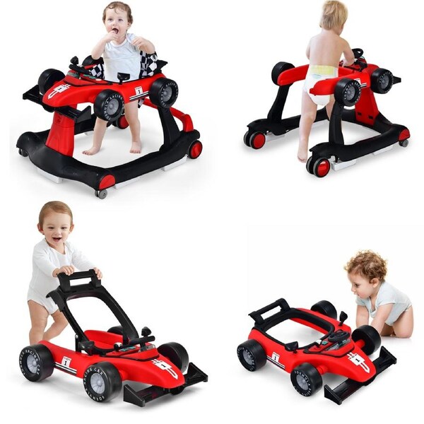 Babyjoy 4-in-1 Baby Walker Folding Activity Car Toddler Push Car Adjustable Height & Speed w/Music Box Red