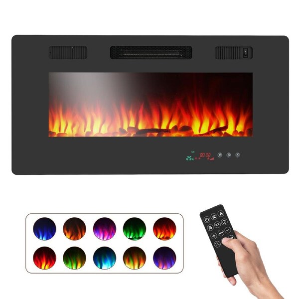 Yopower Electric Fireplace Inserts, 1000W/2000W Wall Recessed Electronic Heater with Remote Control Wall Mounting Heaters with Timer Flame Display 10 Blaze Color Brightness Adjustable