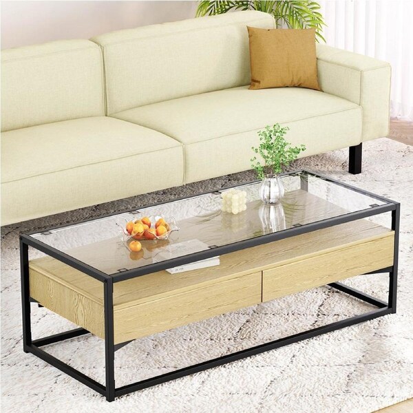 2 Drawers Artiss Coffee Table Glass Tabletop Pine
