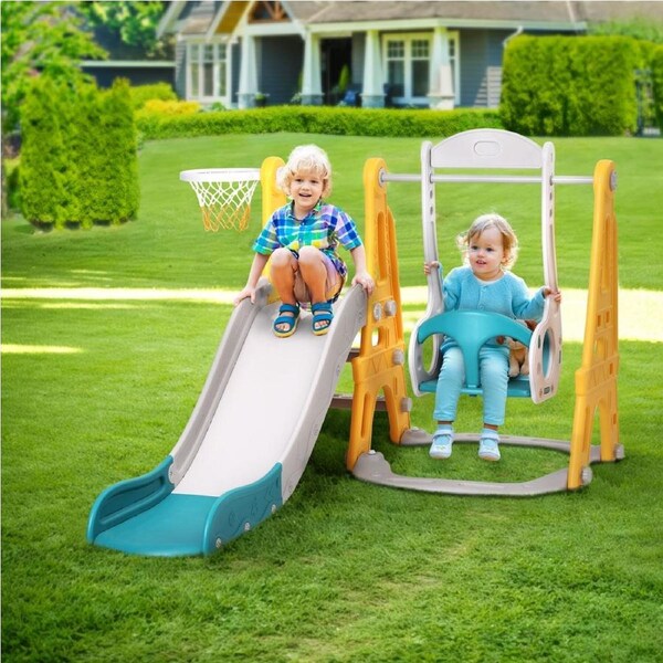 140cm 3-in-1 Keezi Kids Slide Swing Set Basketball Outdoor Toys Adjustable Height Green
