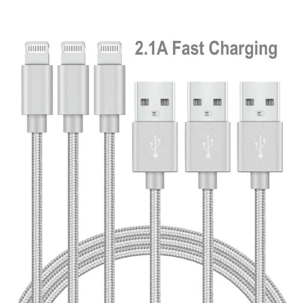 [3 Pack] 2M USB 2.1A Fast Charger Cable Naylon Braided For Apple iPhone 14 13 12 11 XR X S Max Charging Cord - Silver