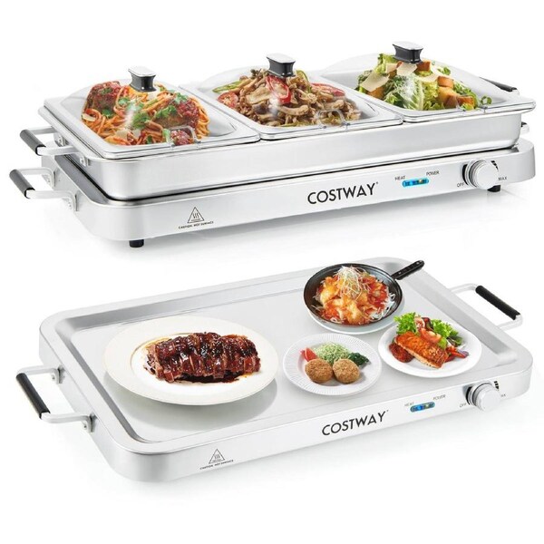 Costway Stainless Buffet Serving Tray Insulated Food Platter Food Warmer Electric Warming Tray Silver