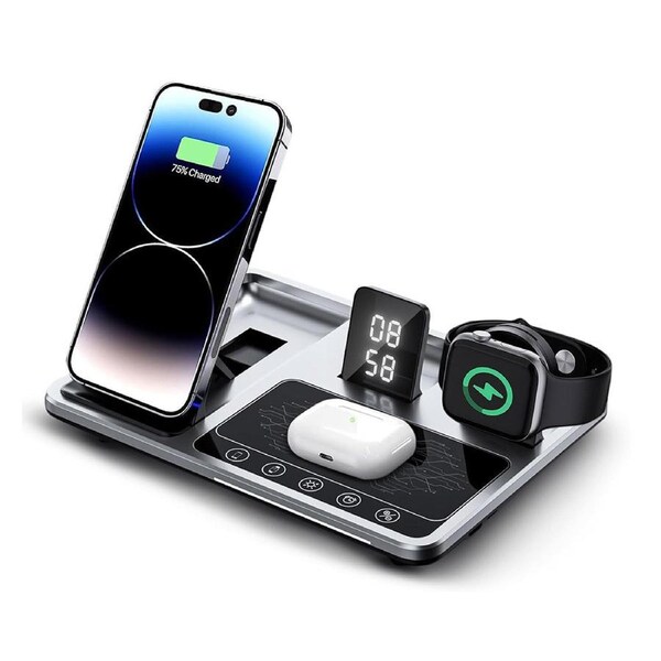 4 in 1 Foldable Wireless Fast Charging Station Compact Alarm Clock Night Light