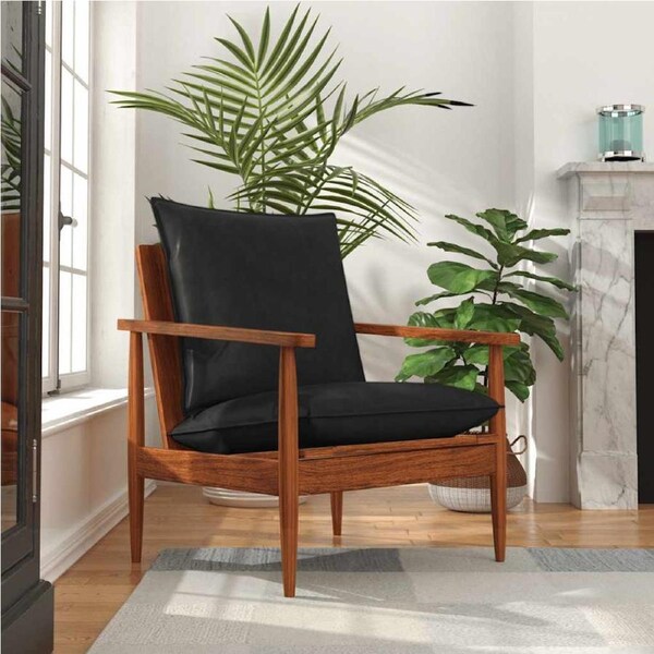 Armchair Black Real Leather and Solid Wood Acacia vidaXL