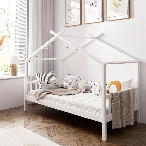 Oikiture Bed Frame Wooden Base Kids Single Timber House Beds White