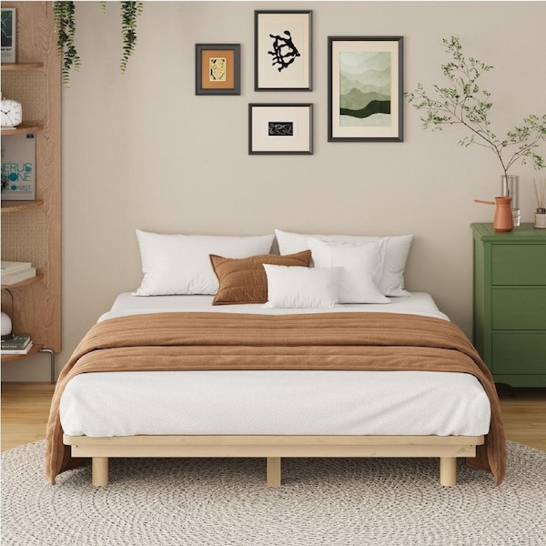 Oikiture Bed Frame Double Size Wooden Platform Bed Base Timber Floating Beds