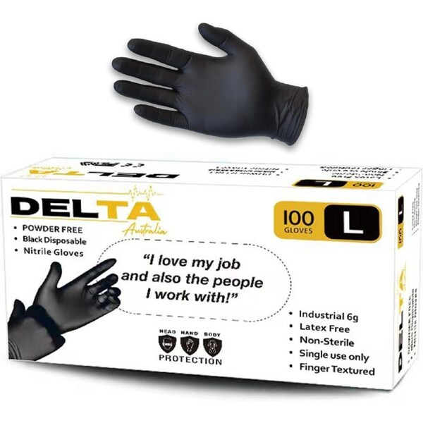 Box/100 Delta Industrial Powder free Black Nitrile Gloves 6gm - Large