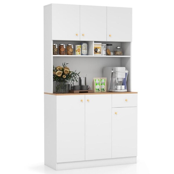 Costway Kitchen Pantry Wooden Cupboard Microwave Storage Cabinet w/Adjustable Shelves Dining Room White
