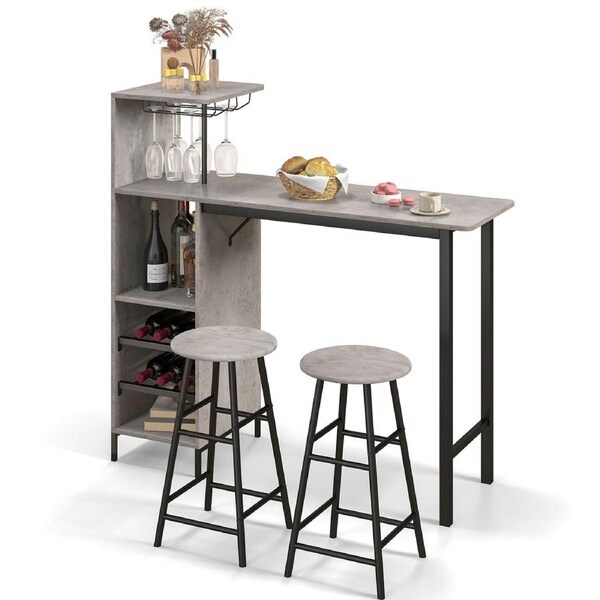 Costway 120cm Bar Table Stool Set 3pcs Counter Height Dining Table Set w/Glass Holders & Wine Rack Grey