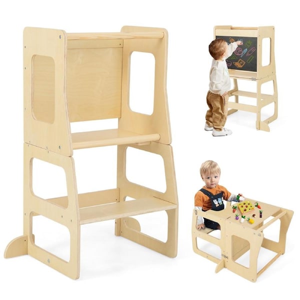 Babyjoy 3-in-1 Kids Step Stool Study Table Set w/Chalkboard & Safety Rail Toddler Standing Tower Foldable