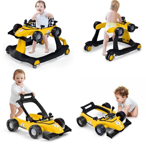 Babyjoy 4-in-1 Baby Walker Folding Activity Car Toddler Push Car Adjustable Height & Speed w/Music Box Yellow