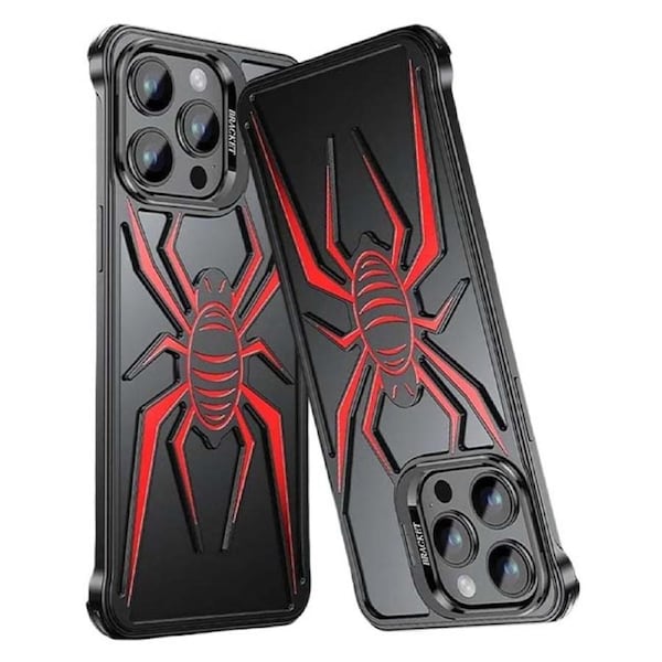 Pop Phones Metal Spider Hollow Case (Suits iPhone 15 Pro Max) - Black/Red