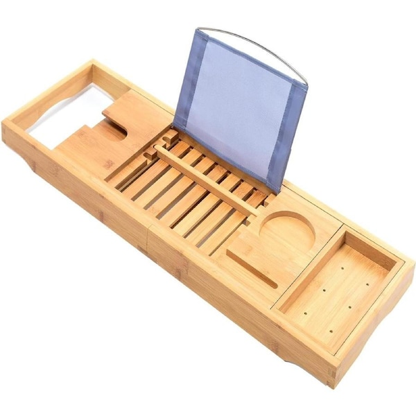 Expandable Bathtub Caddy Tray Bamboo Bath Table Over Tub with Wine & Book Holder