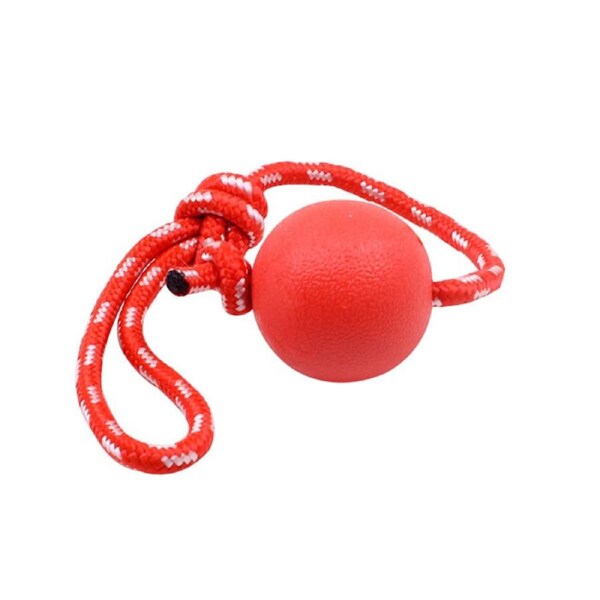 Heavy Duty Dog Toy Rubber Ball w/ Rope Throw Tug Pull Tough Chew Strong in Red