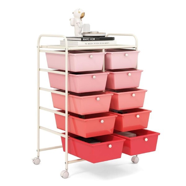 Costway Rolling Storage Cart Trolley w/10 Drawers Home Office Organizer Pink