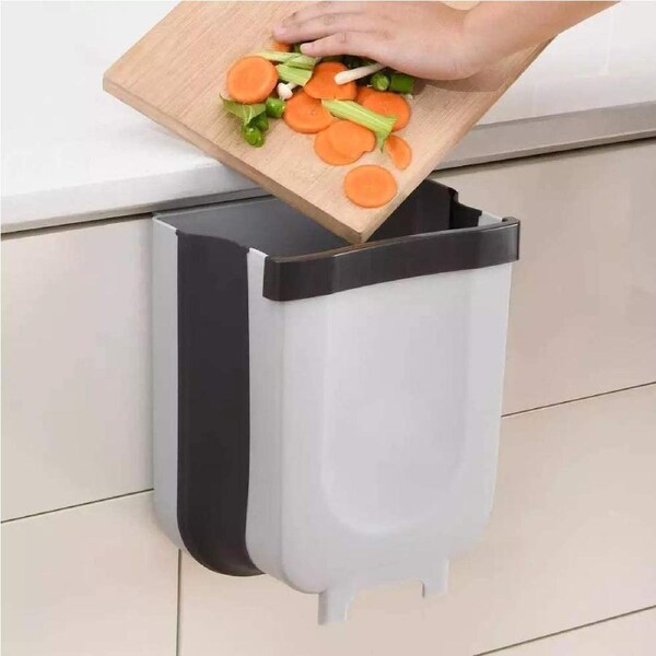 Hanging Trash Can Collapsible Small Garbage Waste Bin for Kitchen Cabinet Door (Grey)