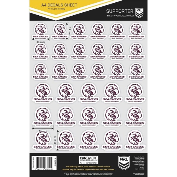 NRL A4 Decal Sheet - Manly Sea Eagles - Sticker