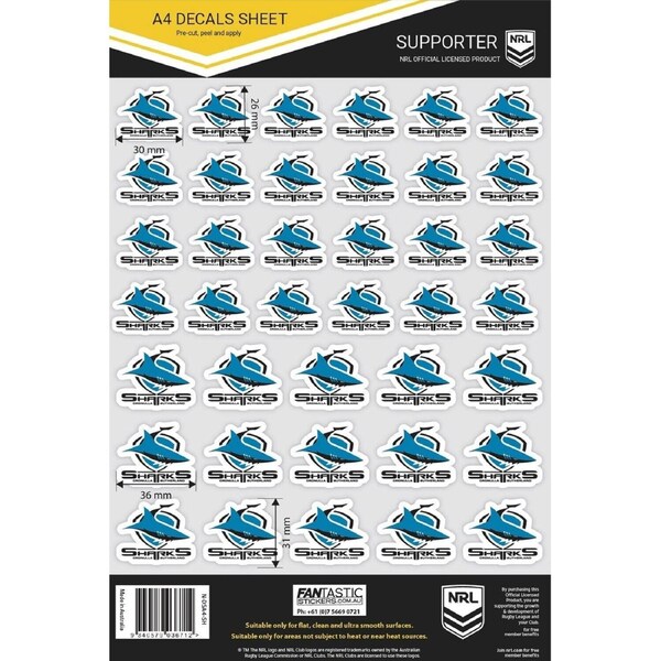 NRL A4 Decal Sheet - Cronulla Sharks - Sticker