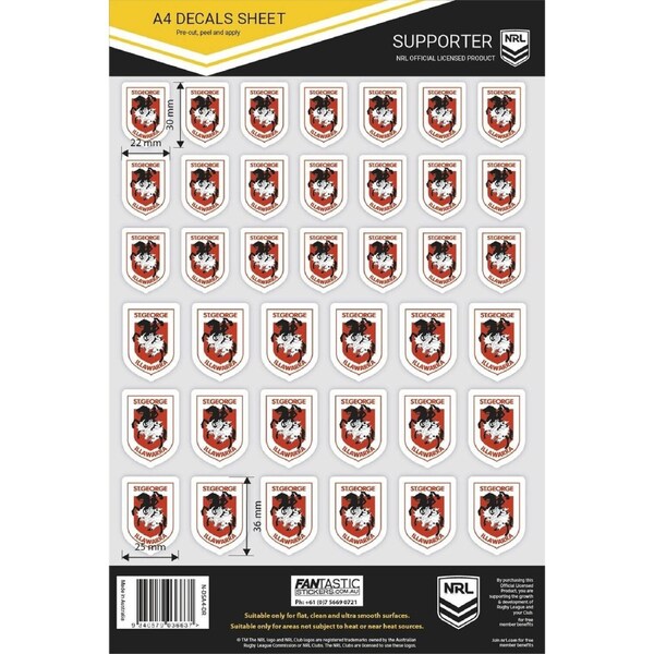 NRL A4 Decal Sheet - St George Illawarra Dragons - Sticker