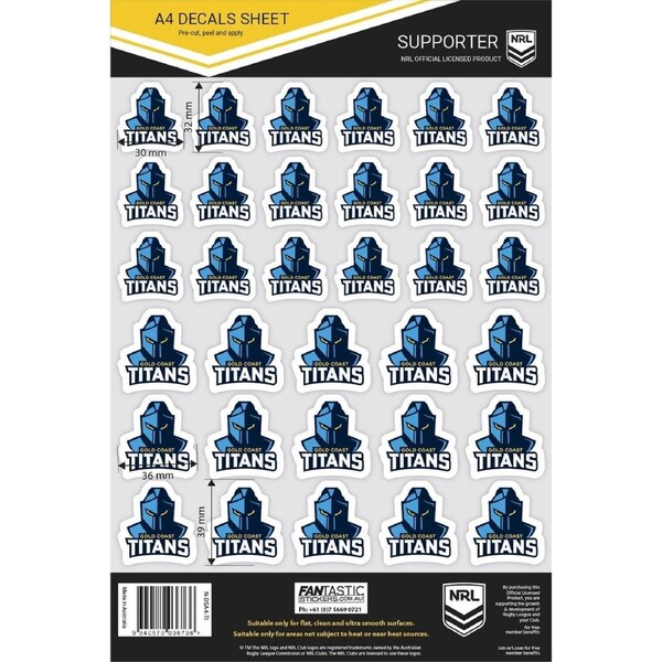NRL A4 Decal Sheet - Gold Coast Titans - Sticker